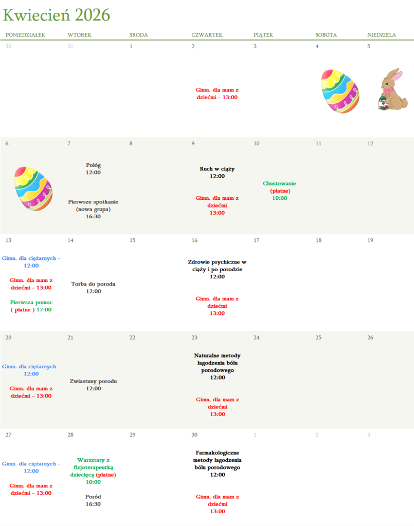 2026 kwiecień rozkład zajęć szkoła rodzenia